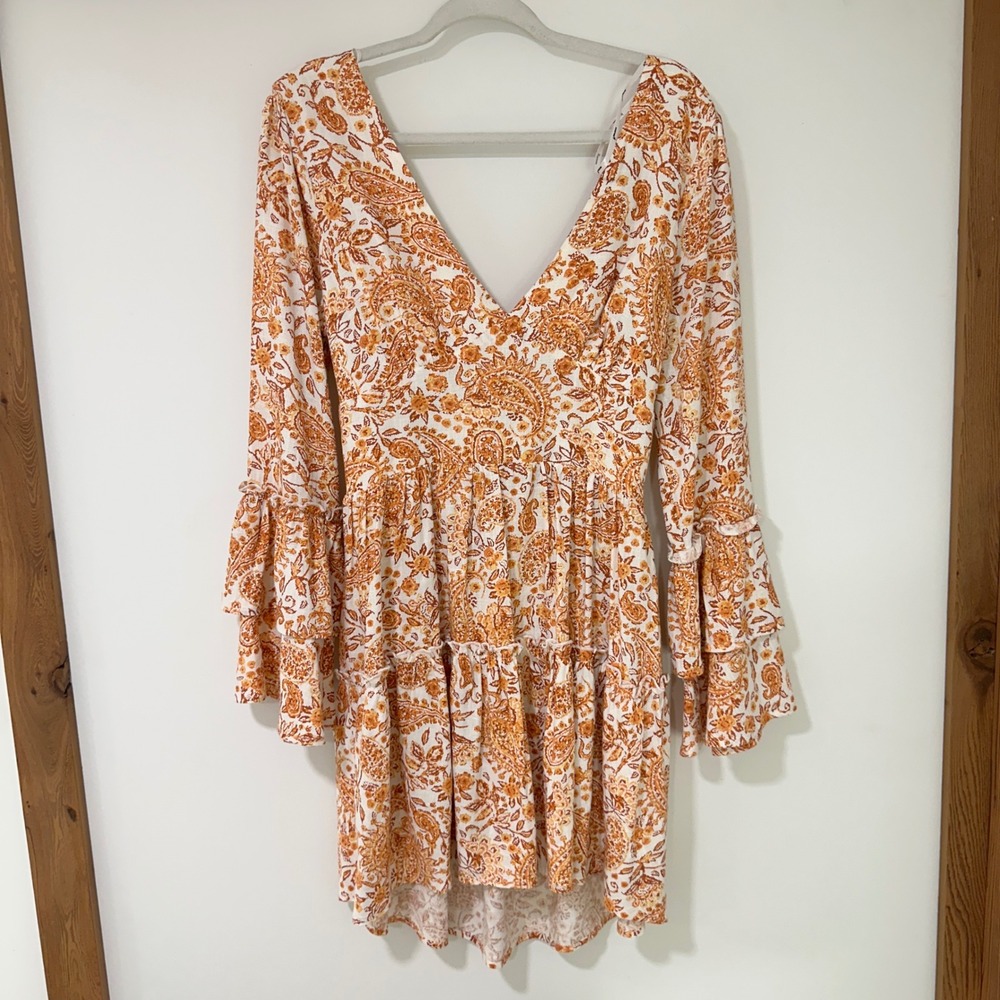 Minkpink Paisley Mini Dress Womens Medium Orange Bell Sleeve Tie Back | Boho‎
